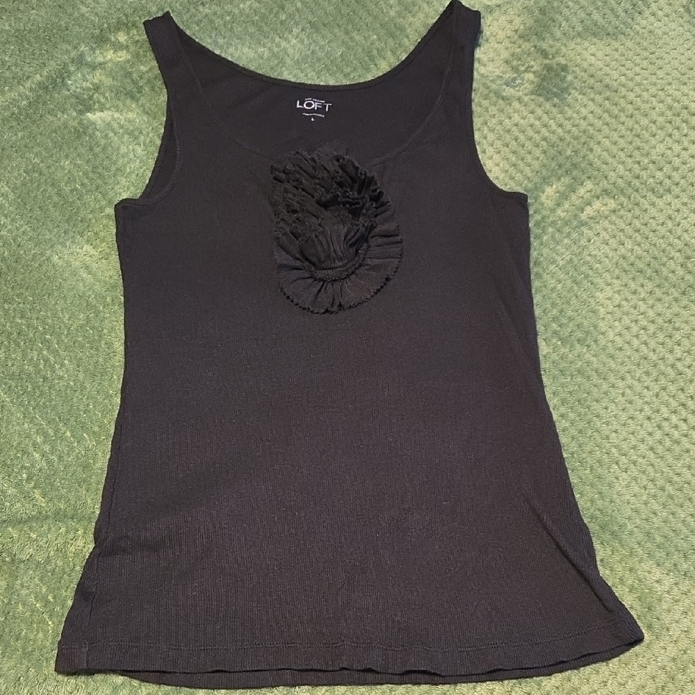 LOFT Black Tank Top with Front Ruffle